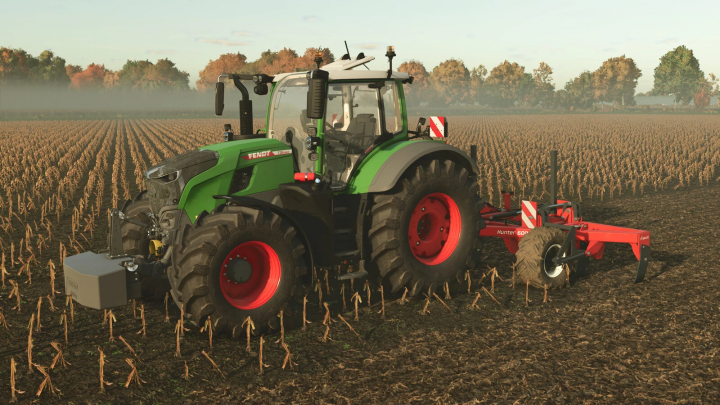fs25-mods,  Farming Simulator 25 mods: Green tractor with red wheels plowing a crop field, featuring the Vegniek Hunter 600 v1.0.0.0 mod.