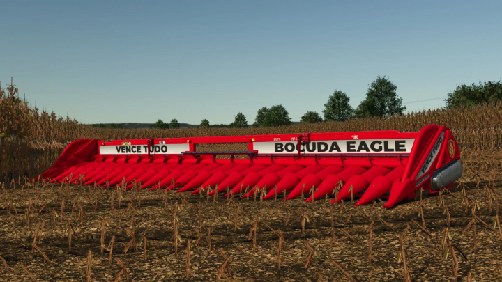 fs25-mods, Farming Simulator 25 mod: Red Vence Tudo Bocuda Eagle 24 corn header in a field, designed for advanced harvests.