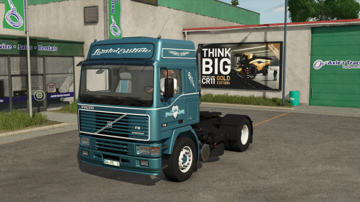 fs25-mods,  Farming Simulator 25 mod: Volvo F16 Globetrotter Dolphin Edition parked outside an equipment store.
