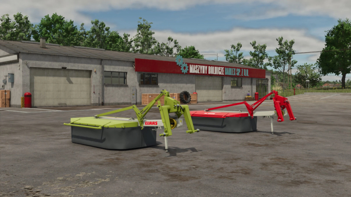 fs25-mods, Farm equipment from Farming Simulator 25 mods, featuring a CLAAS mower mod, displayed outside a workshop with trees and a sign in the background.