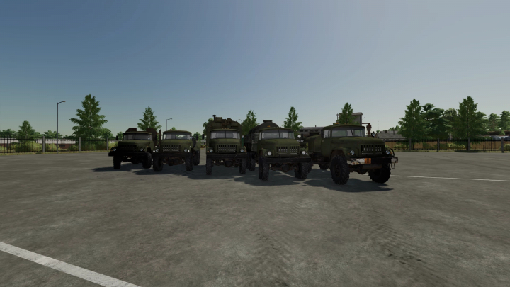 fs22-mods,  Five military-style ZIL 131 trucks parked in a row on a farming field in Farming Simulator 22, part of FS22 mods.
