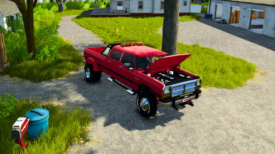 FS25 mod: Red 1992 Dodge Ram D 250 Crew Cab truck with open hood in Farming Simulator 25 game environment.
