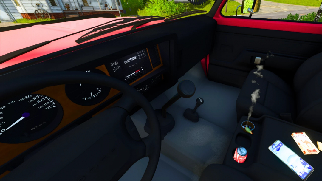 Inside the cab of the FS25 mod, a truck with a speedometer, dashboard, gear shifters, and a smoking fish in a cup holder, promoting Farming Simulator 25 mods.