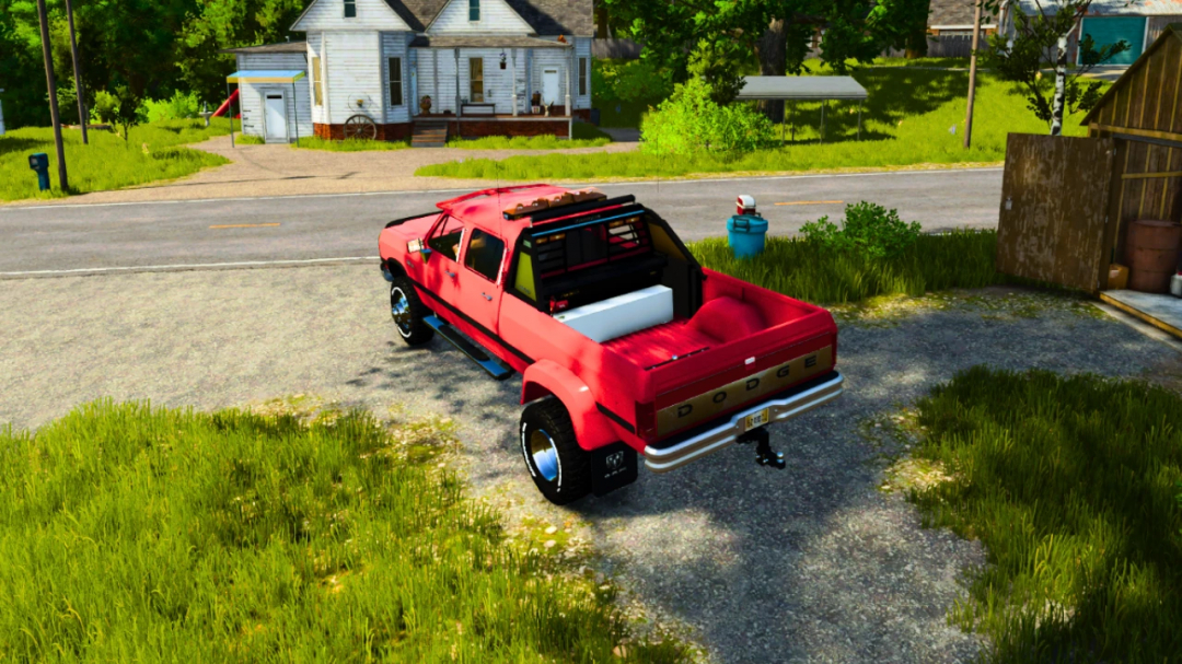 Farming Simulator 25 mod featuring a Dodge Ram D 250 Crew Cab in a rural driveway, detailed in-game vehicle model.