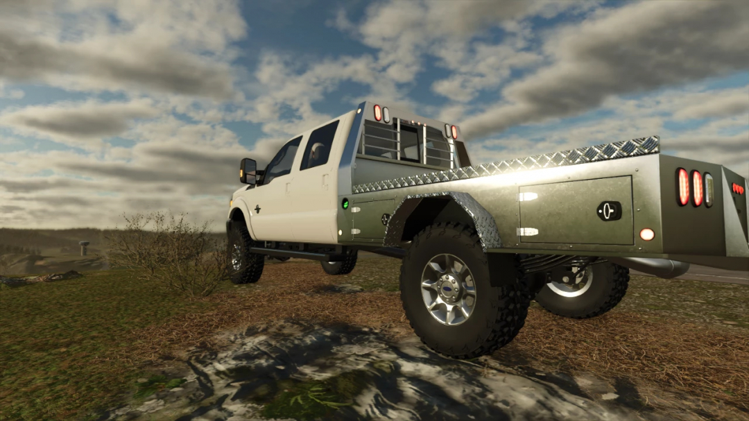 Farming Simulator 25 mods: 2015 Ford F350 Rework v1.1.0.0 pickup truck on dirt terrain with a cloudy sky.