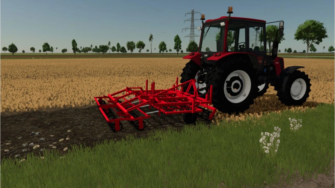 Farming Simulator 25 mod featuring a red tractor and agro factory equipment on a wheat field.