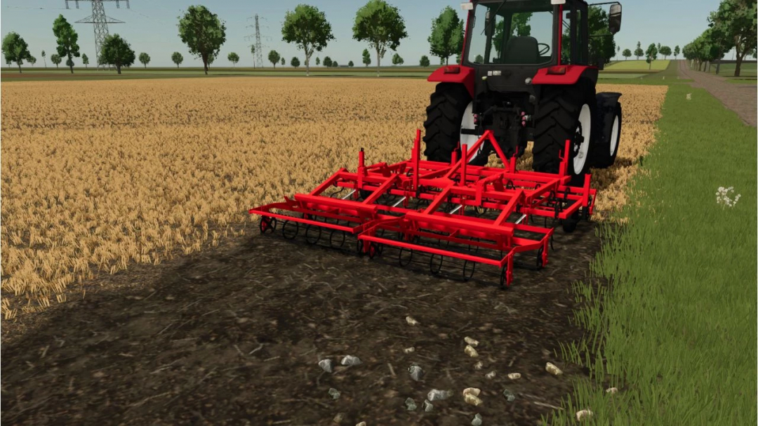 Farming Simulator 25 mods: red Agro Factory v1.0.0.0 attached to tractor working on a crop field.
