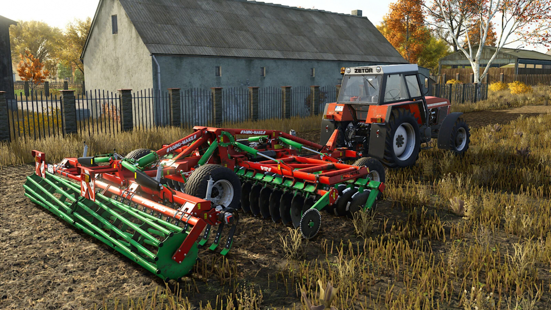 Farming Simulator 25 mod: Zetor tractor with AgroMasz BTC 50h cultivator attachment on a farm field.