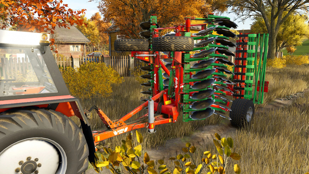 Farming Simulator 25 mod: AgroMasz BTC 50h plow attached to tractor, preparing soil in autumn field, realistic agricultural scenery.