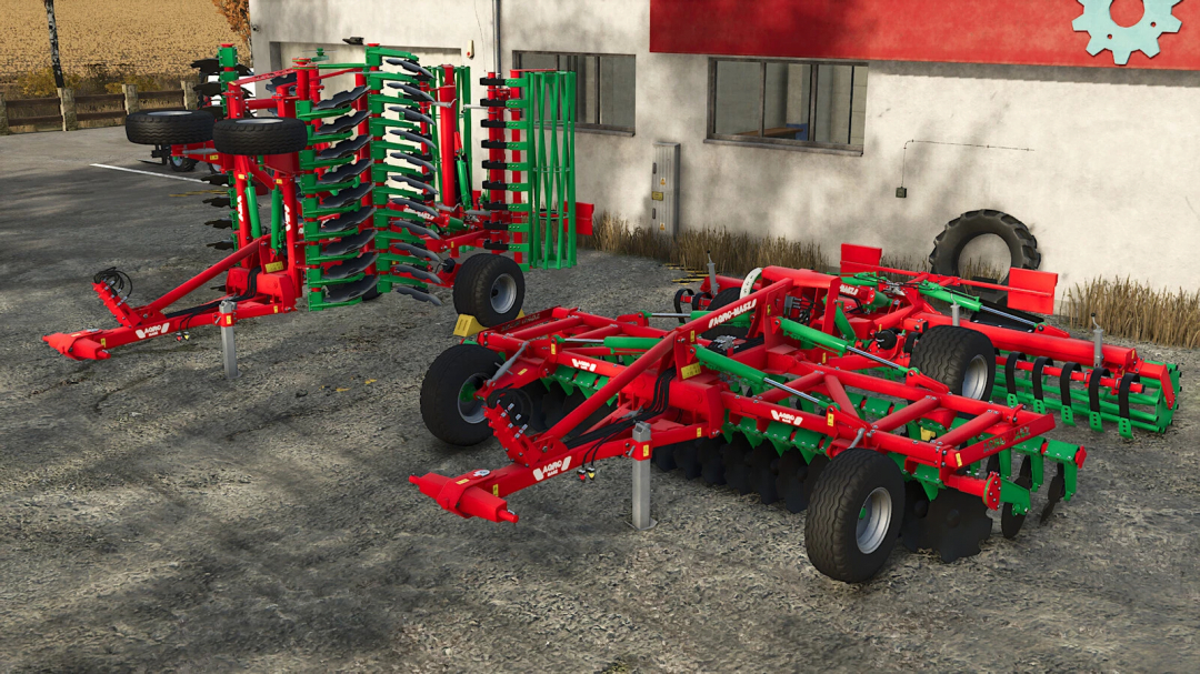 Farming Simulator 25 mods: AgroMasz BTC 50h modify equipment with red and green components parked outside a farm building.