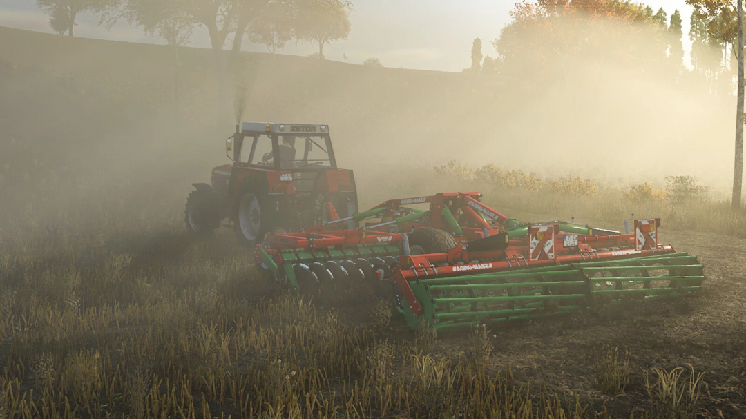 Farming Simulator 25 mod: tractor with AgroMasz BTC 50h cultivator working in a foggy field at sunrise.