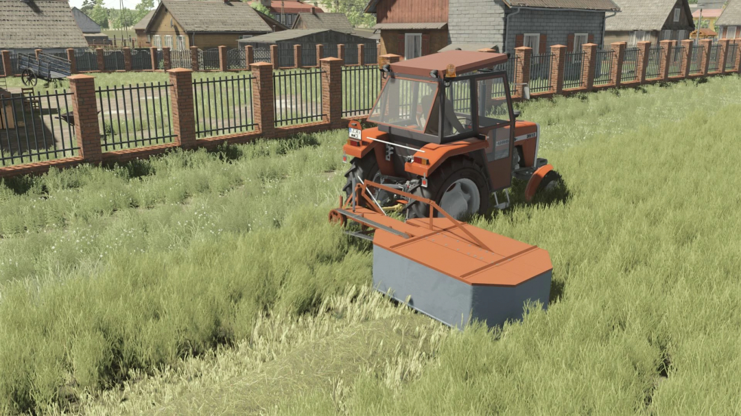 Farming Simulator 25 mod featuring an Agromet Famarol Z-105/1 tractor with a mower attachment, on a grassy farm field with houses and a fence in the background.