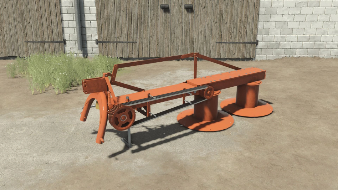 Farming Simulator 25 mod: rusted Agromet Famarol z-105/1 agricultural implement for field work, placed outdoors near a wooden barn.