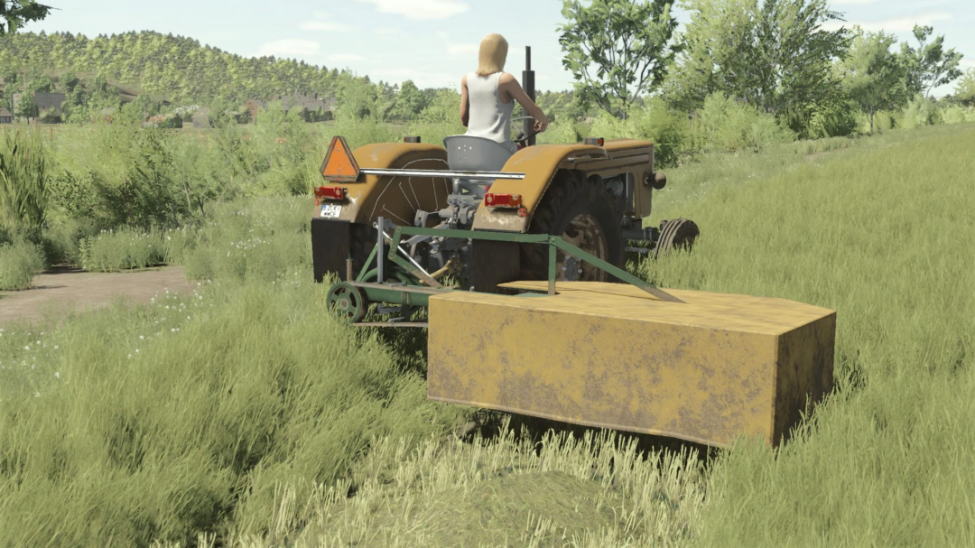Farming Simulator 25 mod: A farmer using the Agromet Famarol z-105/1 v1.0.0.1 tractor attachments for fieldwork.