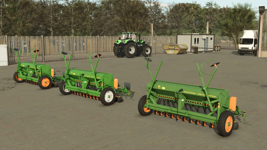 Farming Simulator 25 mods: three green Amazone D8 30 seeders parked in a farmyard with a tractor, van, and storage containers in the background.