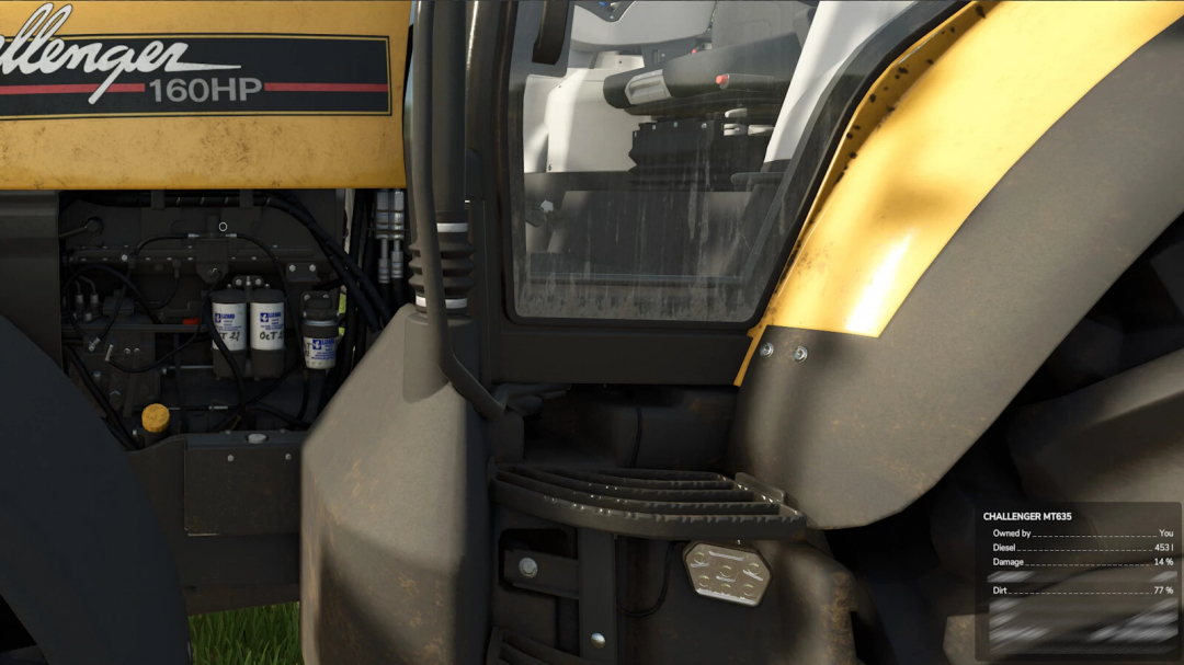 Close-up of the engine compartment and driver's cabin of a yellow Challenger MT635 tractor in Farming Simulator 25 with detailed internal components visible.
