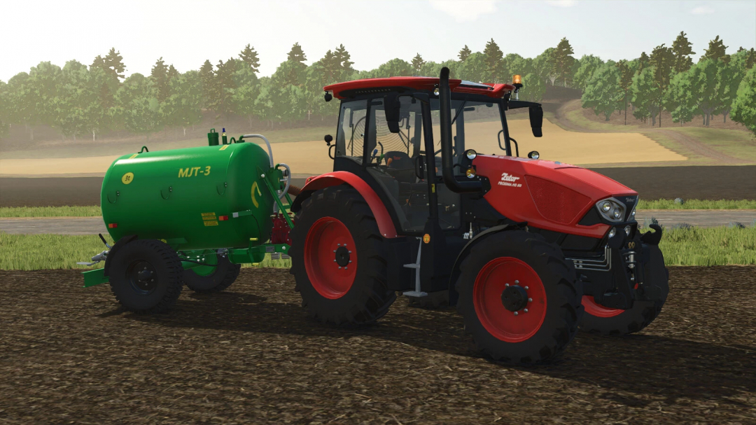 Farming Simulator 25 mod featuring a Zetor Proxima HS tractor with a BobruiskAgroMach MJT-3 fertilizer tank attachment, a popular FS25 farming mod.