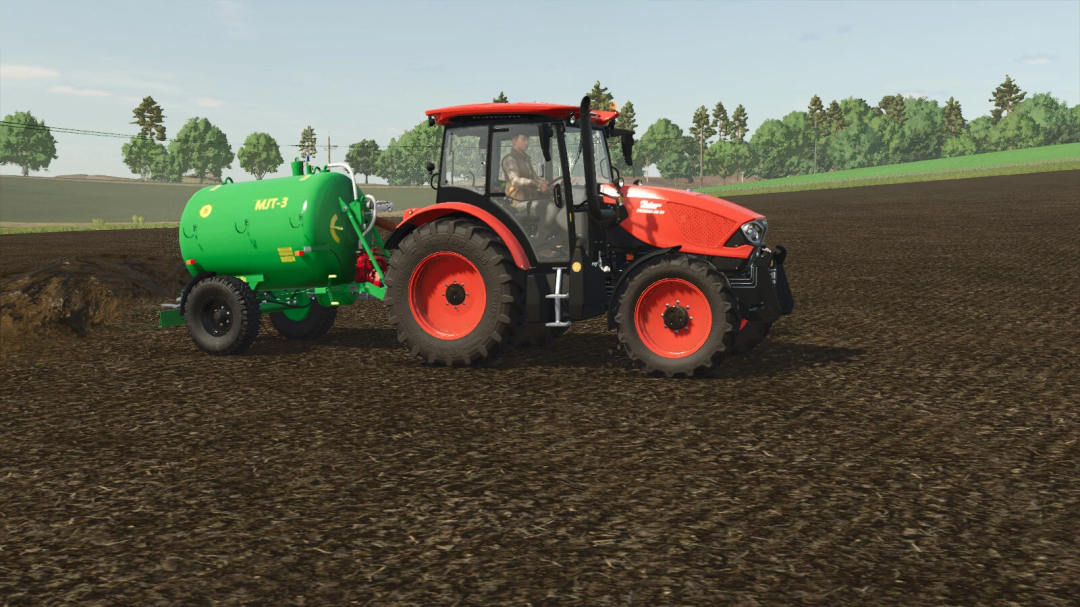 Farming Simulator 25 mod: red tractor with a green liquid manure tank attached, working on farmland.