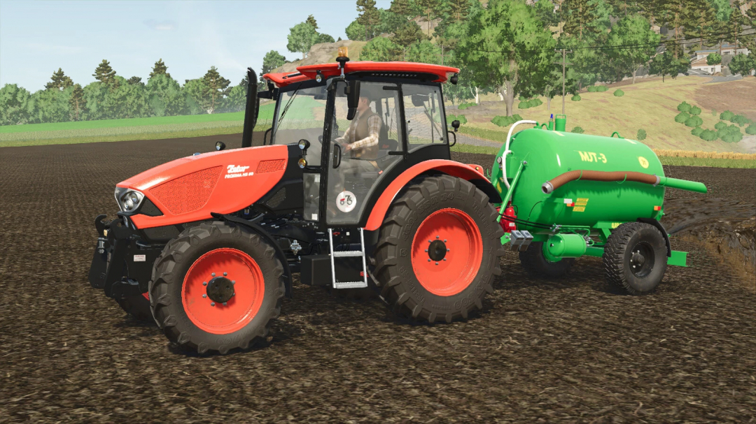 Farming Simulator 25 mod featuring the BobruiskAgroMach MJT-3 with a green liquid manure tank attachment on a farm field.