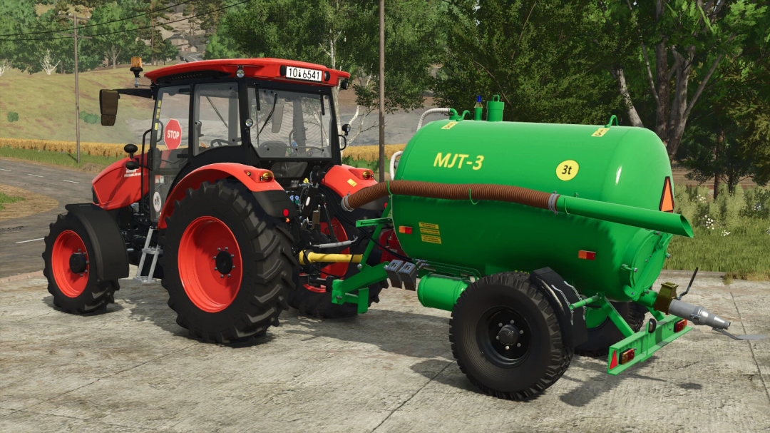 Farming Simulator 25 mod: Red tractor with a green MJT-3 liquid manure tank attached, used for farming tasks.