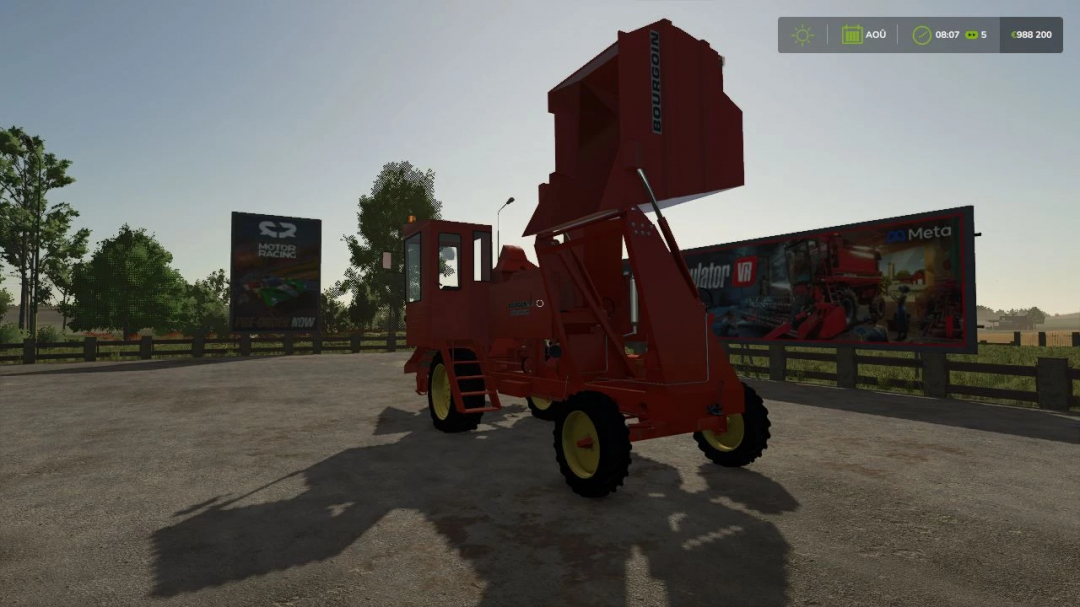 Farming Simulator 25 mod: Bourgoin MD8 loader attached to a red tractor, used for agricultural tasks in FS25.