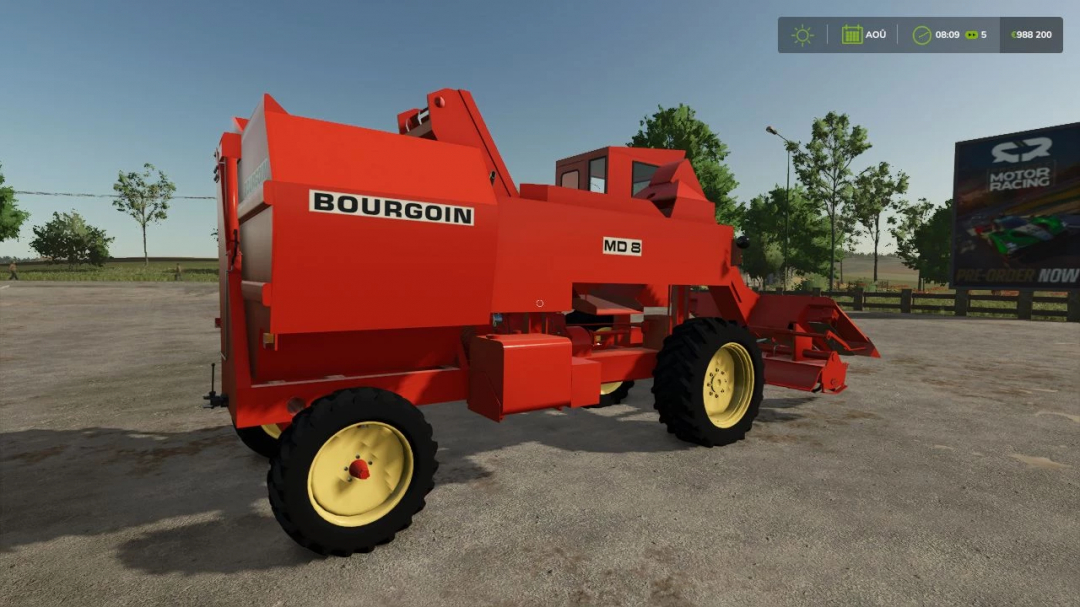 Farming Simulator 25 mod: Bourgoin MD8 manure spreader with a red body and yellow wheels, used for soil fertilization.
