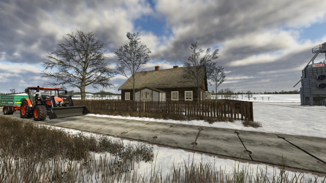Farming Simulator 25 mod scene with a tractor and concrete plate in a snowy rural landscape.