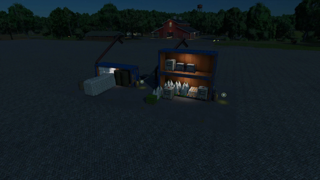 Farming Simulator 25 mod displaying a container storage and warehouse setup with crates, sacks, and storage containers at dusk.