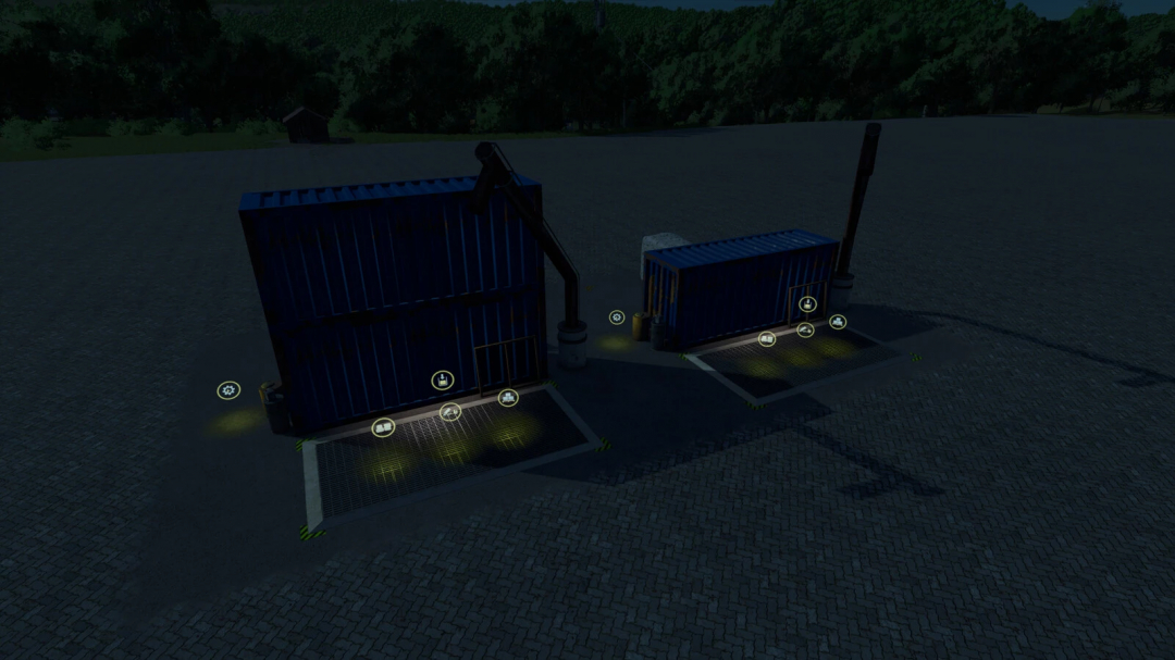 Container Storage and Warehouse mod in Farming Simulator 25, showing two blue container units with access platforms and control icons, nighttime scene.