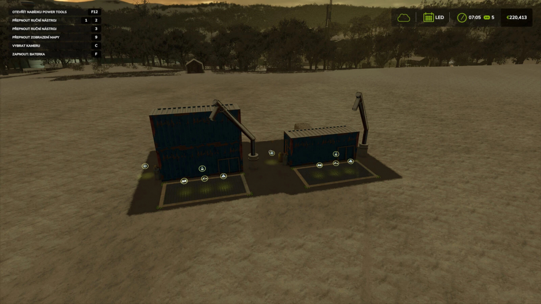 Container Storage and Warehouse mod in Farming Simulator 25, featuring two container buildings and outdoor lighting, part of FS25 mods.