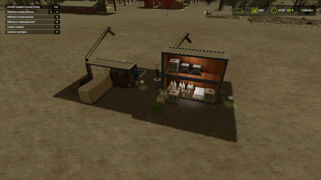 Farming Simulator 25 mod: Container Storage and Warehouse with storage containers, bags, and barrels, part of FS25 mods.