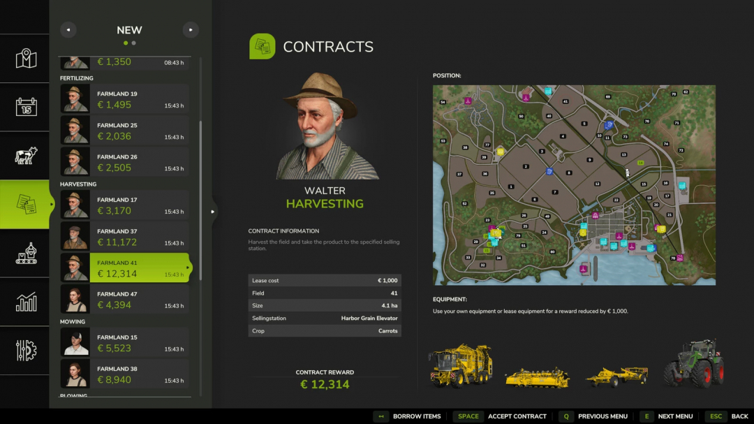 Farming Simulator 25 mod screenshot showing a contracts menu with harvesting contract for a field and a map view.