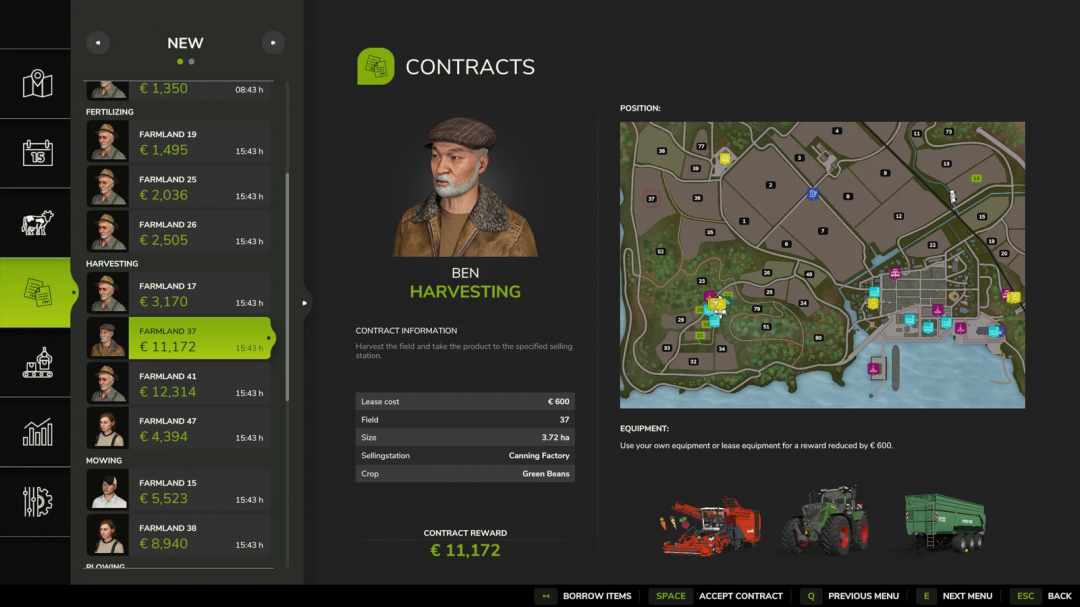 Farming Simulator 25 mod screenshot showing contract details for harvesting with a tractor and map overview.