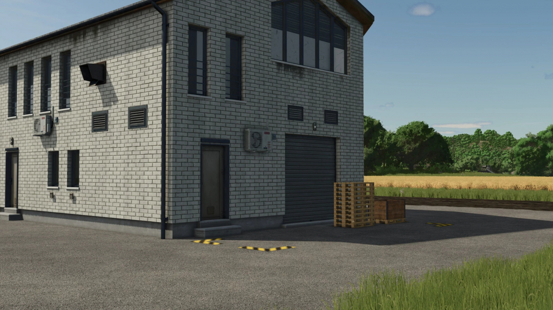 Farm building with equipment and pallets outside, suitable for FS25 mods and Farming Simulator 25 mods.