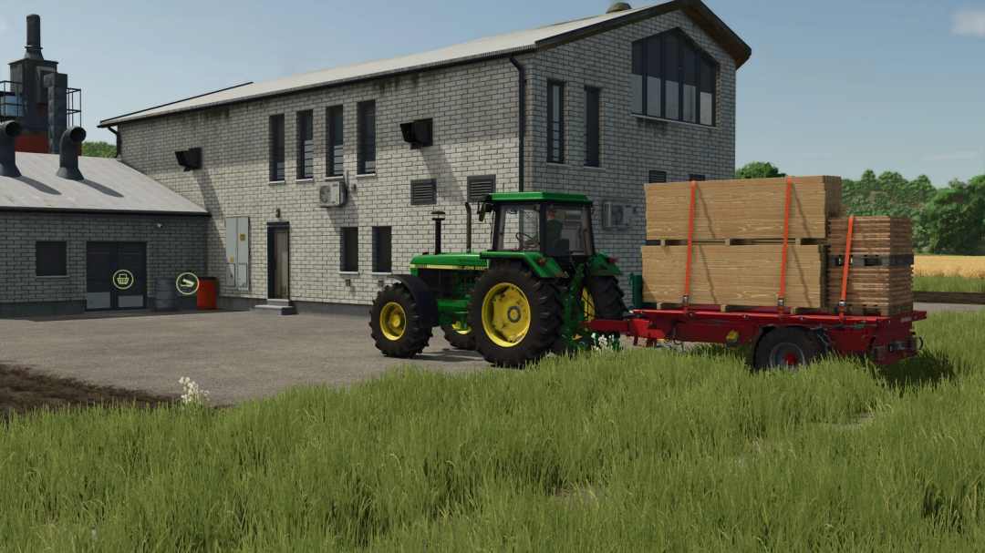 Farming Simulator 25 mod: John Deere tractor pulling a trailer loaded with wooden pallets and planks near a farm building.