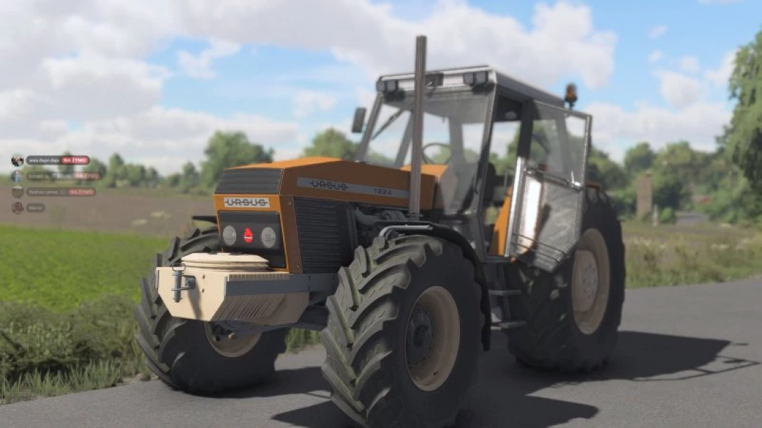 Farming Simulator 22 mod: FS22 Ursus 1224 / 1224 Turbo tractor on a dirt road, realistic farm equipment in-game.