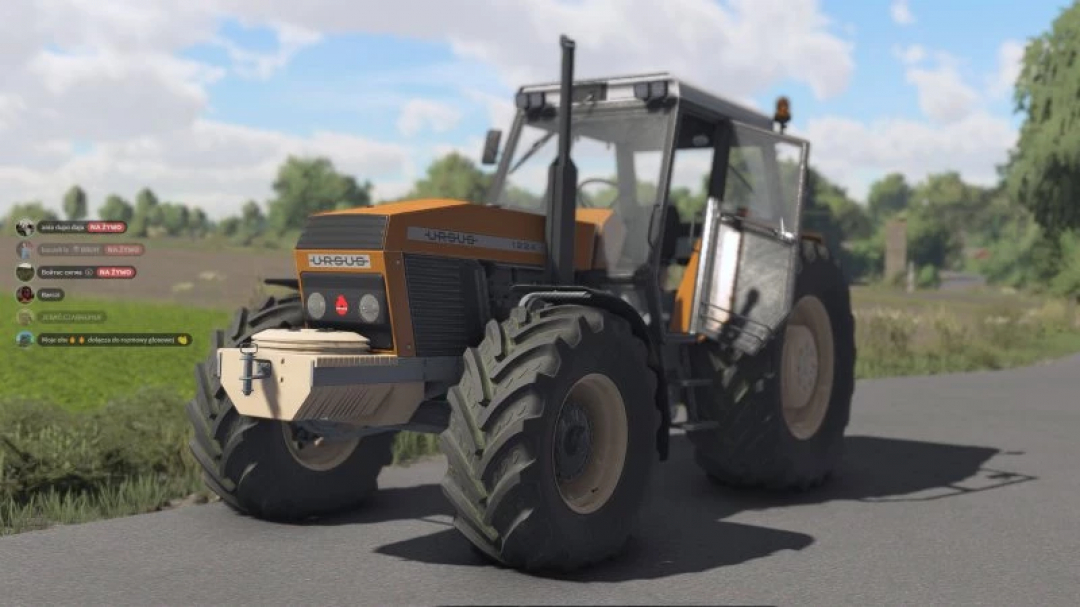 Farming Simulator 22 mod: FS22 Ursus 1224 / 1224 Turbo tractor on a rural road, detailed with realistic textures.