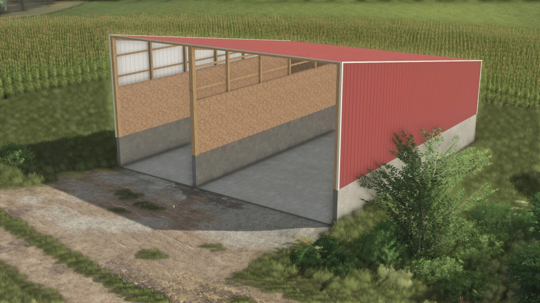 FS25 48x55 Commodity Barn v1.0.0.0 mod in Farming Simulator 25, large red and wooden storage shed for farming commodities.