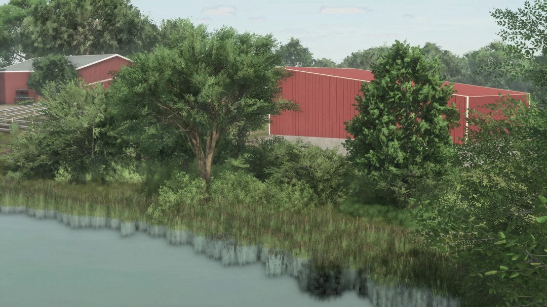 Farming Simulator 25 mod: Red Commodity Barn with trees and pond in the background, part of FS25 48x55 Commodity Barn v1.0.0.0.