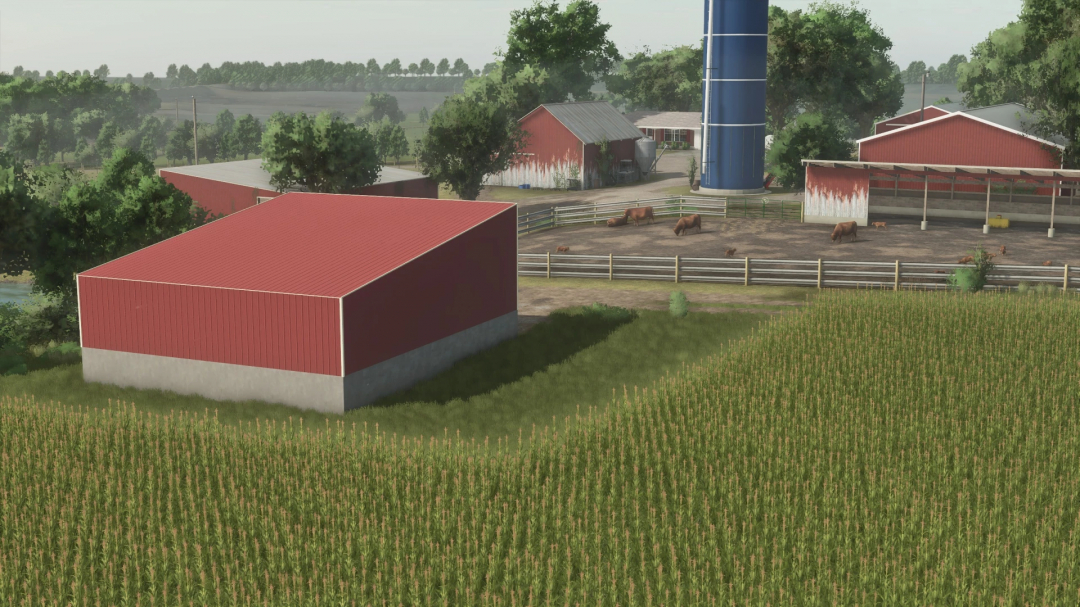 Farming Simulator 25 mod showcasing a classic farm with red barns, cows in a fenced area, and a large crop field, including the FS25 48x55 Commodity Barn v1.0.0.0.