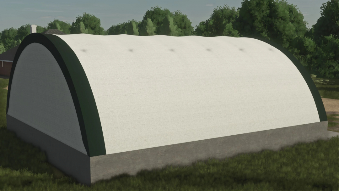 FS25 mod: Bale Hoop Barns, a white arched barn for hay and straw storage in Farming Simulator 25.
