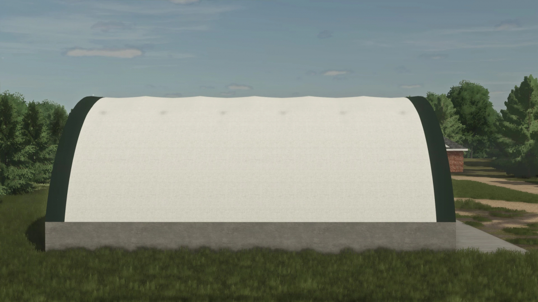 FS25 Bale Hoop Barns mod from Farming Simulator 25, large white hoop structure on a grassy field with trees and a house in the background.