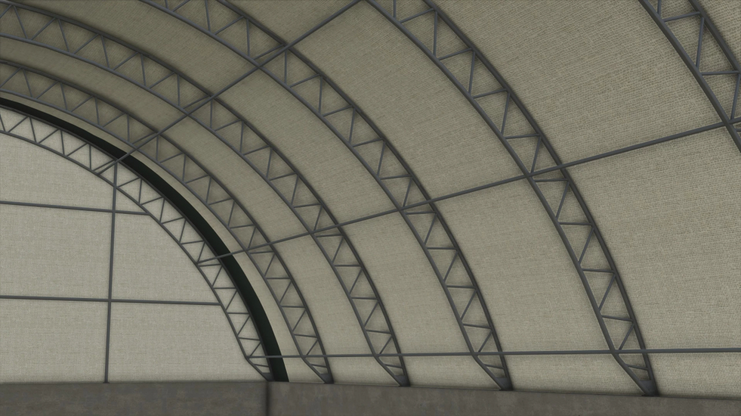 Interior view of a barn in Farming Simulator 25 with FS25 Bale Hoop Barns mod, showcasing arched ceiling and metal framework.