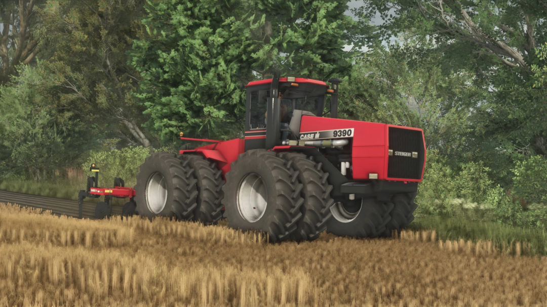 FS25 mod: Red Case IH 9390 tractor with a mounted cultivator working in a field, surrounded by trees, for Farming Simulator 25.