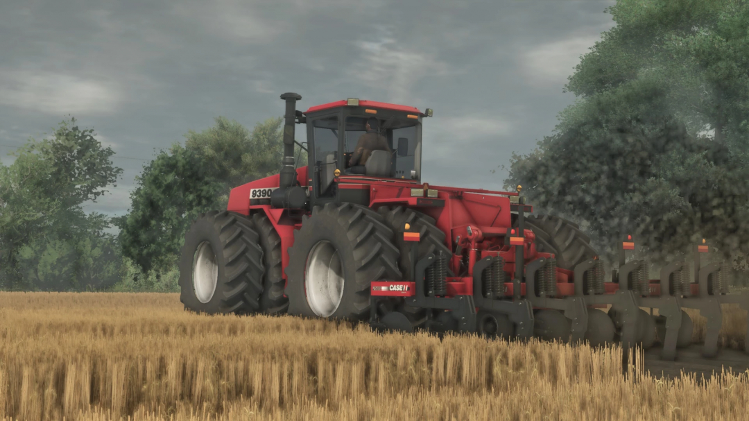 Farming Simulator 25 mods: FS25 CaseIH Ecolo Til 2500 v1.0.0.0 tractor working in a wheat field with a cultivator attachment, under cloudy skies.