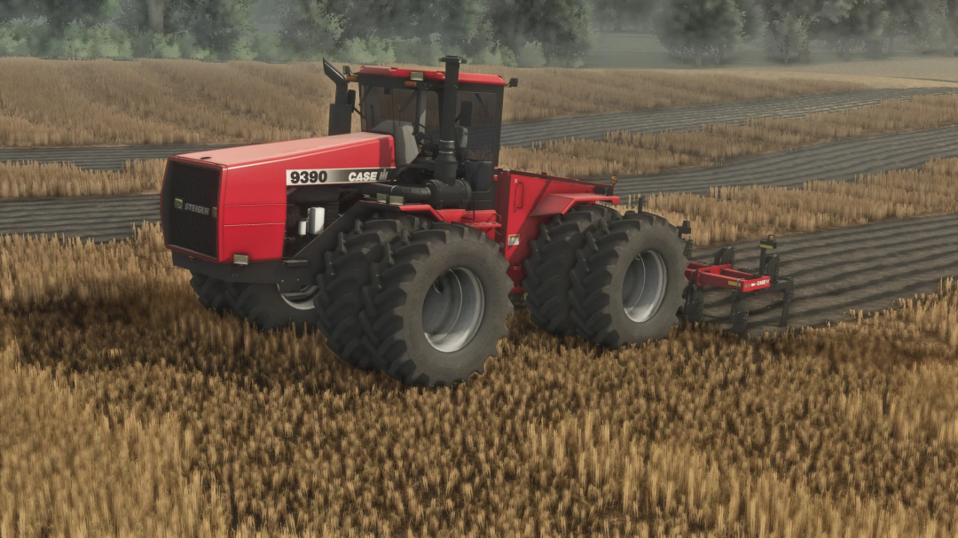 Red Case IH 9390 tractor with cultivator working in a wheat field, from Farming Simulator 25 mods