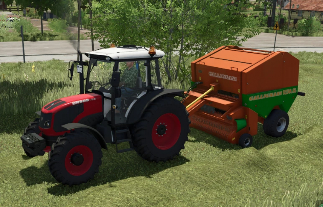 Farming Simulator 25 mod image of a black and red tractor with a Gallignani 9250 SL baler attached, set in a grassy field.