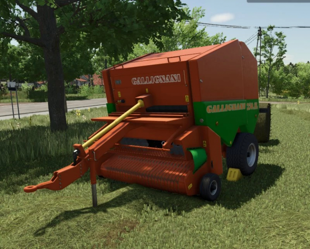 FS25 Gallignani 9250 SL mod for Farming Simulator 25, a large orange and green hay baler machine on grass.