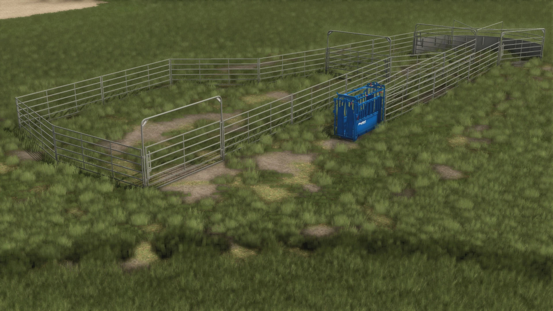 Farming Simulator 25 mod image showing a cattle pen with gates, fences, and a blue cattle working pack.