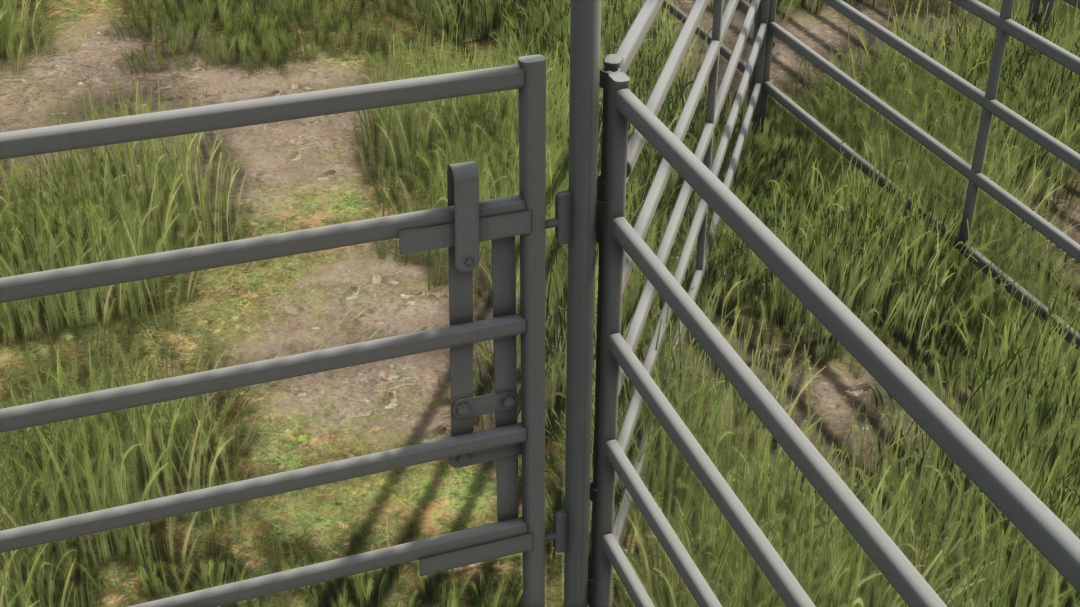 Close-up of a metal cattle working pack gate from FS25 Prifert Cattle Working Pack mod in Farming Simulator 25 with grassy field background.